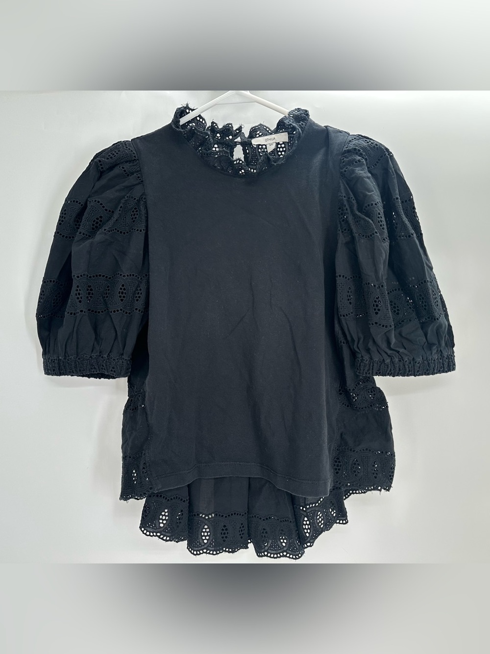 Othilia Black Eyelet Puff Sleeve Blouse Cottagecore Babydoll Top XS - Picture 2 of 7